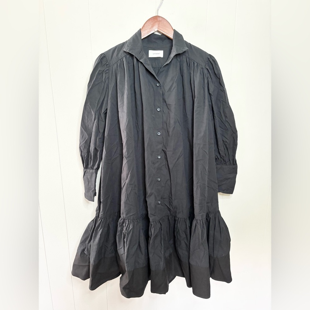 Unlabel black long sleeve button down dress ruffled babydoll shirt dress 10 girl